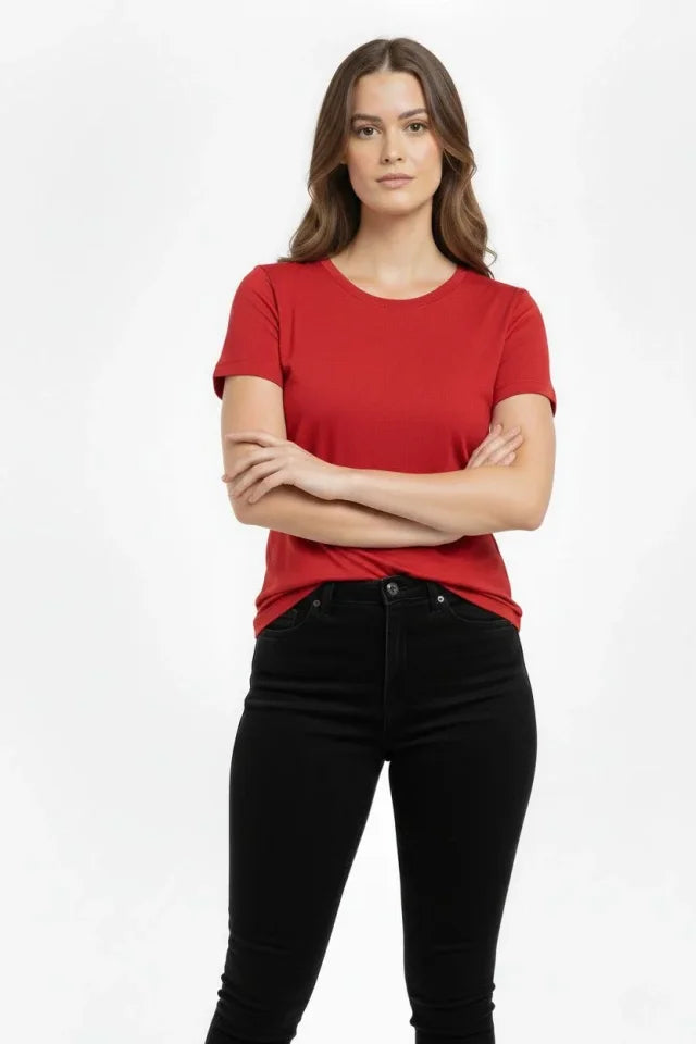 T-Shirt Crew Neck Slim Fit Stretch T-Shirt Daily Basic Body - Red