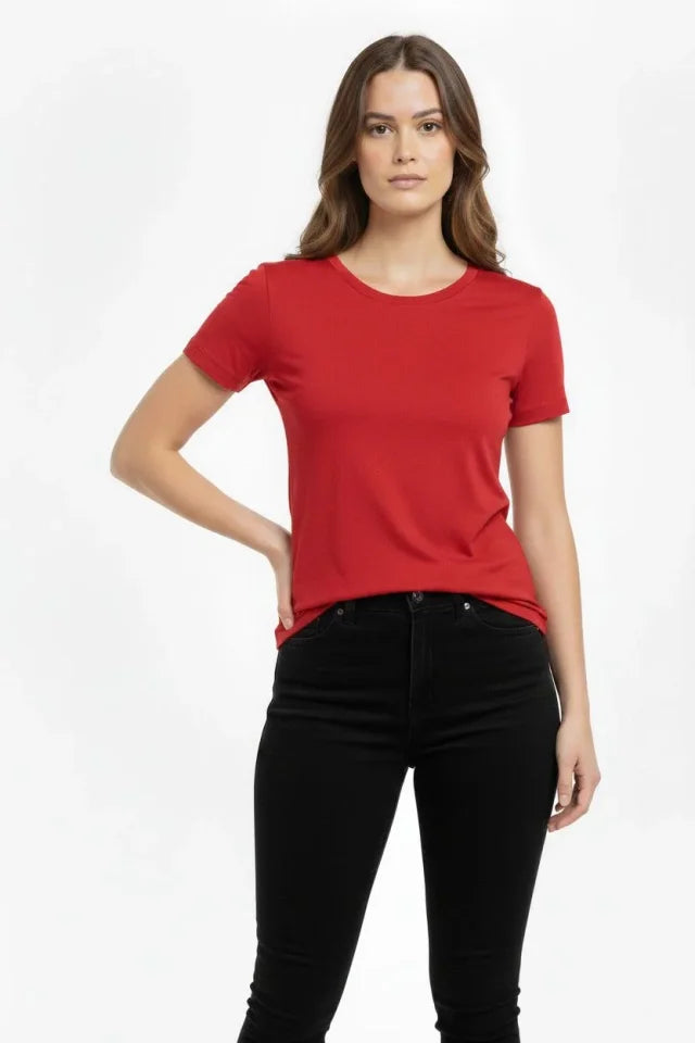 T-Shirt Crew Neck Slim Fit Stretch T-Shirt Daily Basic Body - Red