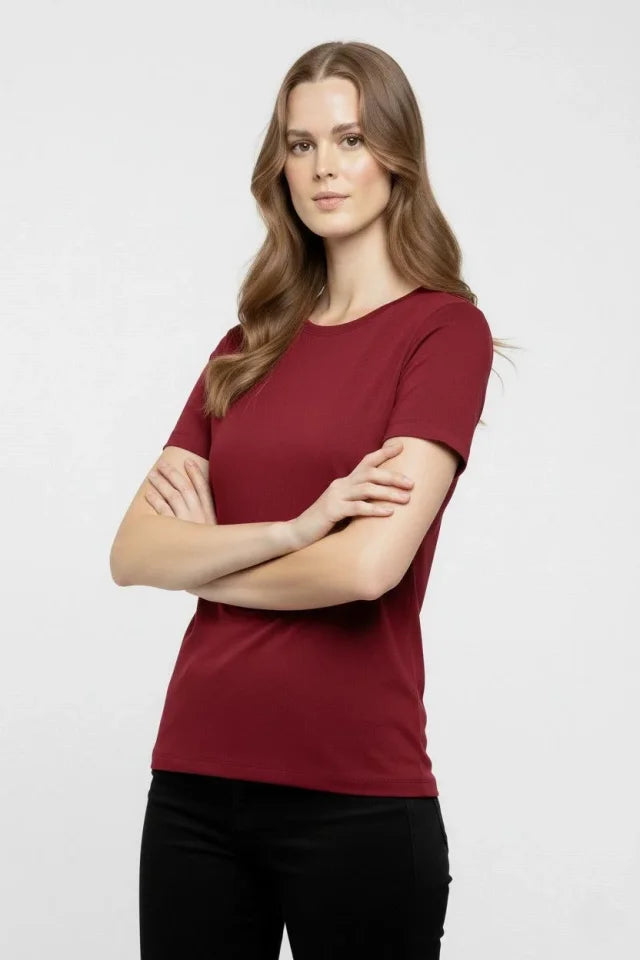 T-Shirt Crew Neck Slim Fit Stretchy T-Shirt Daily Basic Body - Burgundy