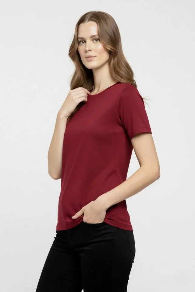T-Shirt Crew Neck Slim Fit Stretchy T-Shirt Daily Basic Body - Burgundy
