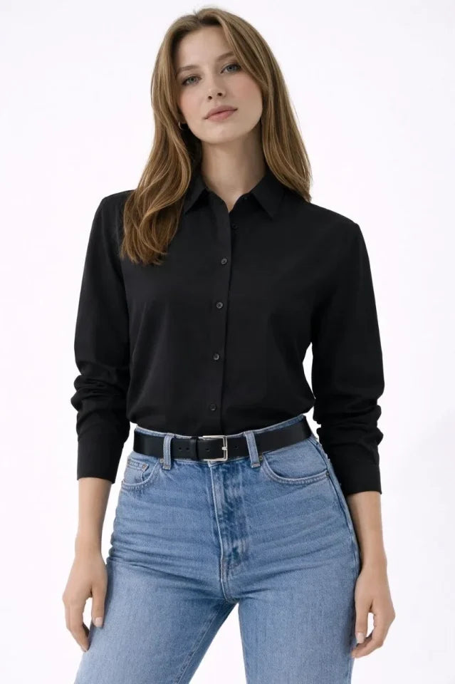 Long Sleeve Shirt with Buttons Classic Collar Suitable for Daily and Office Elegance - Black