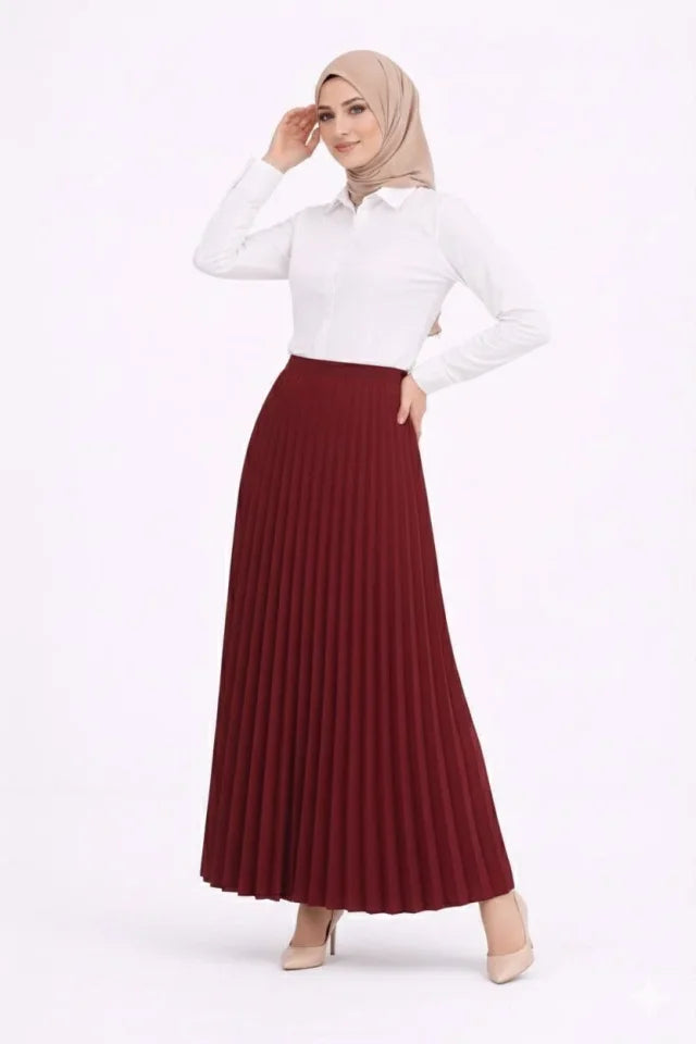 Modest White Shirt with Pleated Skirt Two-Piece Set Casual and Office Elegance - Burgundy