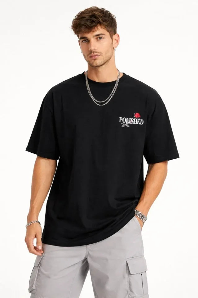 Men's Crew Neck Printed Short Sleeve T-shirt Streetwear Casual Basic Cotton T-shirt - Black