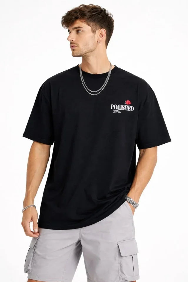 Erkek Bisiklet Yaka Baskılı Kısa Kollu Tişört Streetwear Günlük Basic Pamuklu T-shirt - Siyah