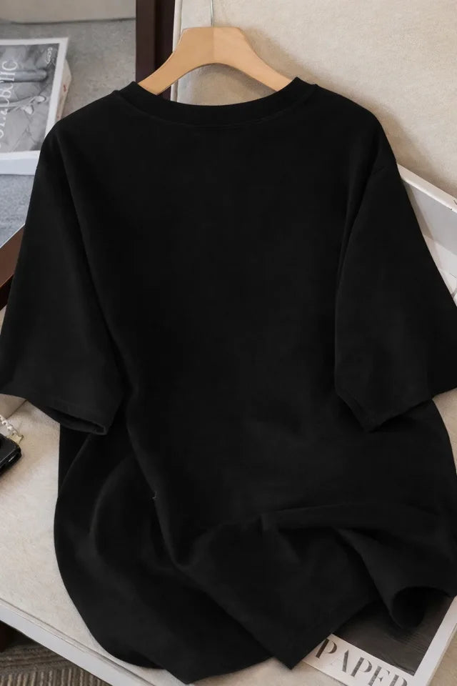 Women's Black Cat Graphic T-shirt - Oversized Short Sleeve Breathable Top - Black