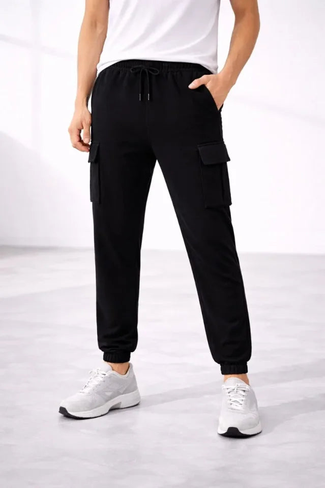 Erkek Jogger Eşofman Altı Regular Fit , Kargo Cepli, Lastikli Paça, Günlük Spor Pantolon - Siyah