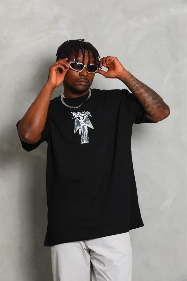 Erkek Baskılı T-Shirt Kısa Kol Bisiklet Yaka Regular Fit Rahat Kalıp Günlük Tişört - Siyah