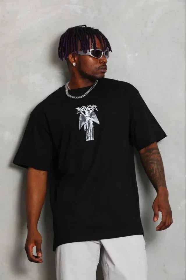 Erkek Baskılı T-Shirt Kısa Kol Bisiklet Yaka Regular Fit Rahat Kalıp Günlük Tişört - Siyah