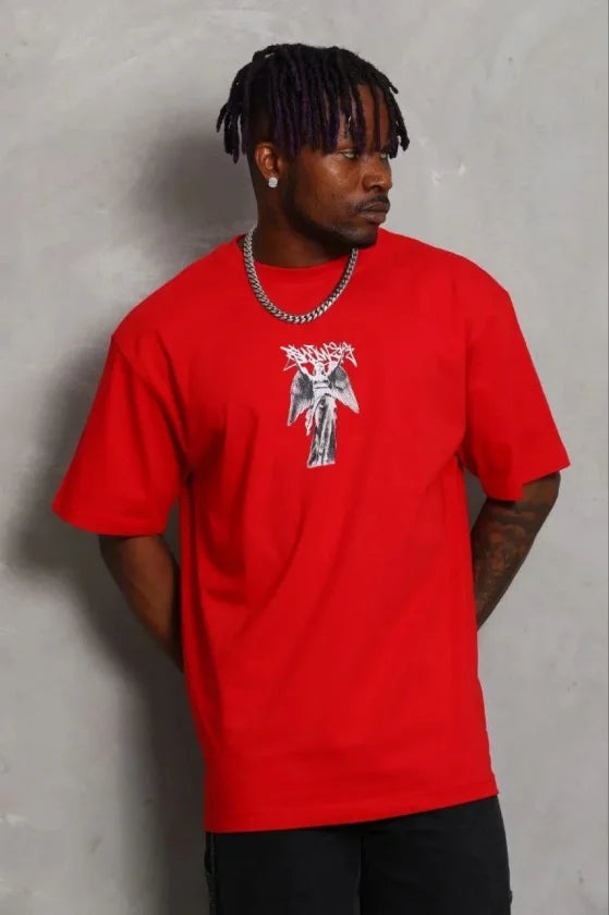 Erkek Baskılı T-Shirt Kısa Kol Bisiklet Yaka Regular Fit Rahat Kalıp Günlük Tişört - Kırmızı