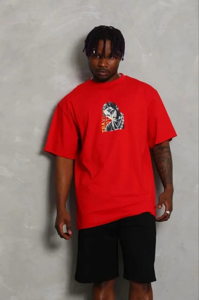 Erkek Baskılı T-Shirt Kısa Kol Bisiklet Yaka Regular Fit Rahat Kalıp Günlük Tişört - Kırmızı