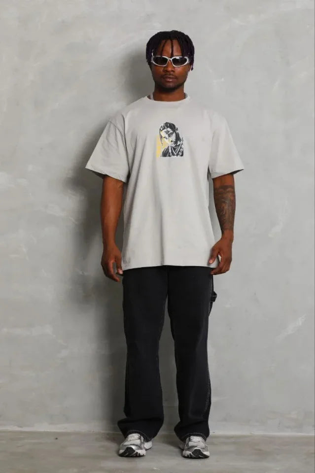 Erkek Baskılı T-Shirt Kısa Kol Bisiklet Yaka Regular Fit Rahat Kalıp Günlük Tişört - Gri