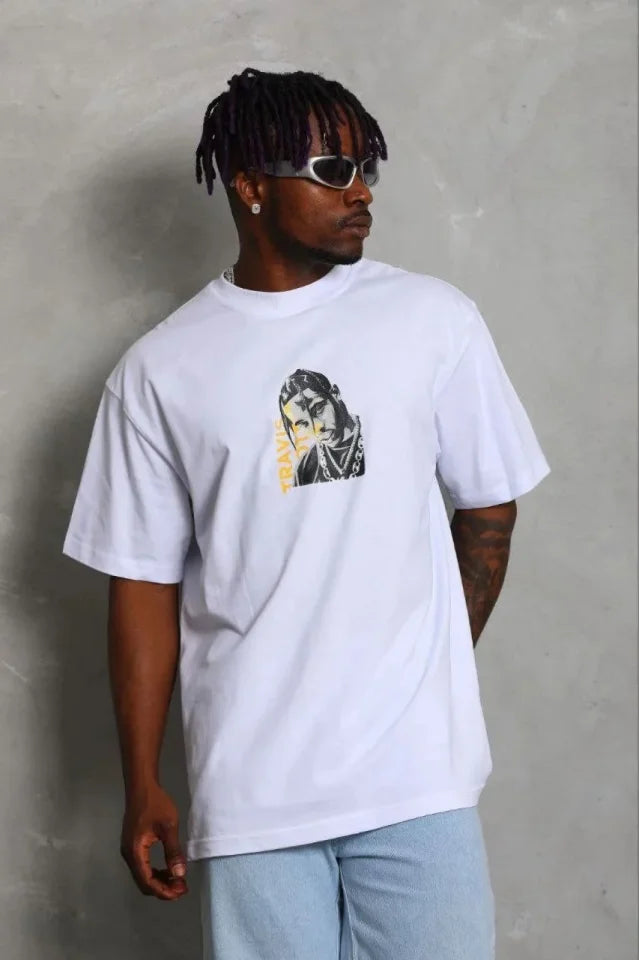 Men's Printed T-Shirt Short Sleeve Crew Neck Regular Fit Comfortable Cut Casual Shirt - White