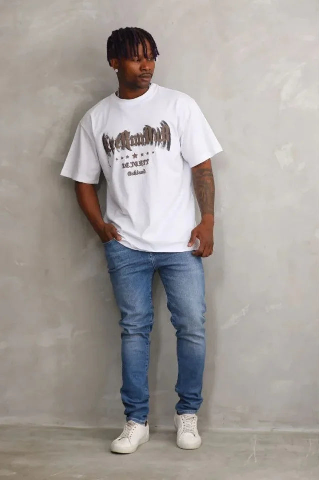 Erkek Baskılı T-Shirt Kısa Kol Bisiklet Yaka Regular Fit Rahat Kalıp Günlük Tişört - Beyaz