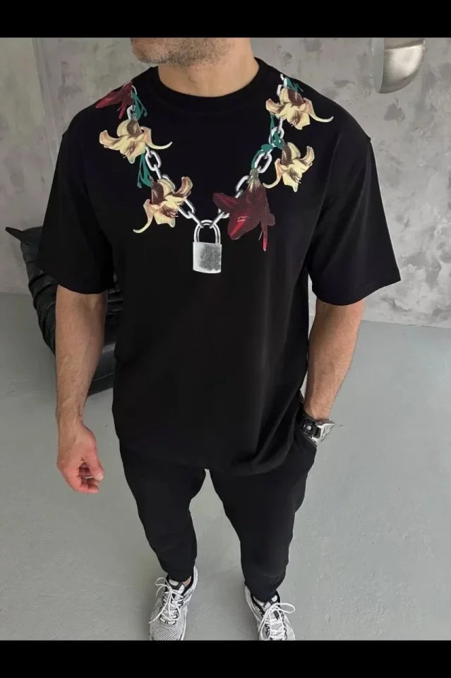 Erkek Baskılı T-Shirt Kısa Kol Bisiklet Yaka Regular Fit Rahat Kalıp Günlük Tişört - Siyah