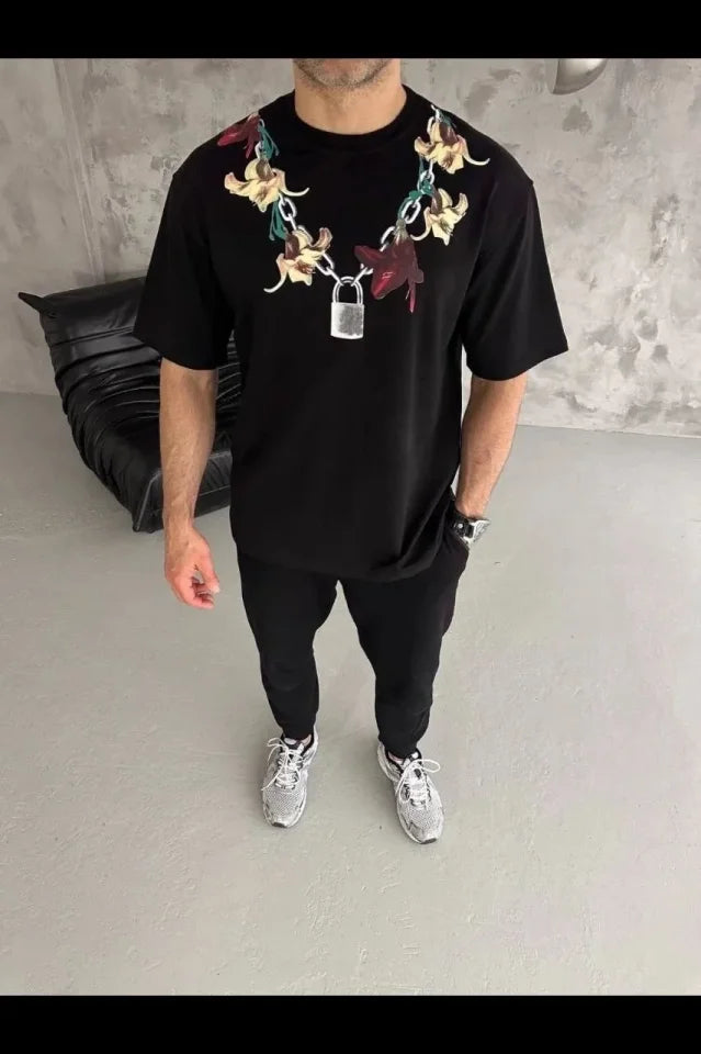 Erkek Baskılı T-Shirt Kısa Kol Bisiklet Yaka Regular Fit Rahat Kalıp Günlük Tişört - Siyah