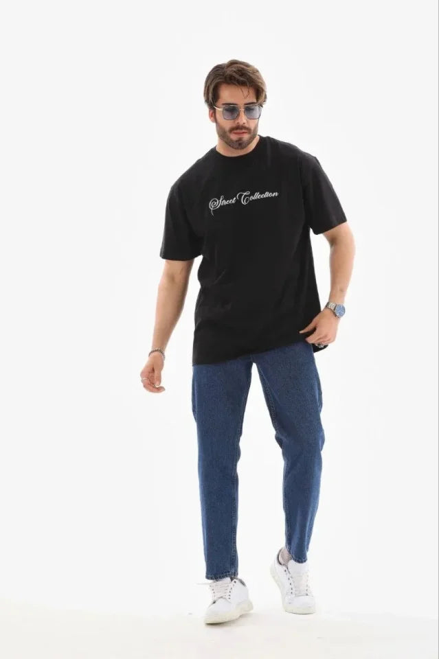 Erkek Baskılı T-Shirt Kısa Kol Bisiklet Yaka Regular Fit Rahat Kalıp Günlük Tişört - Siyah