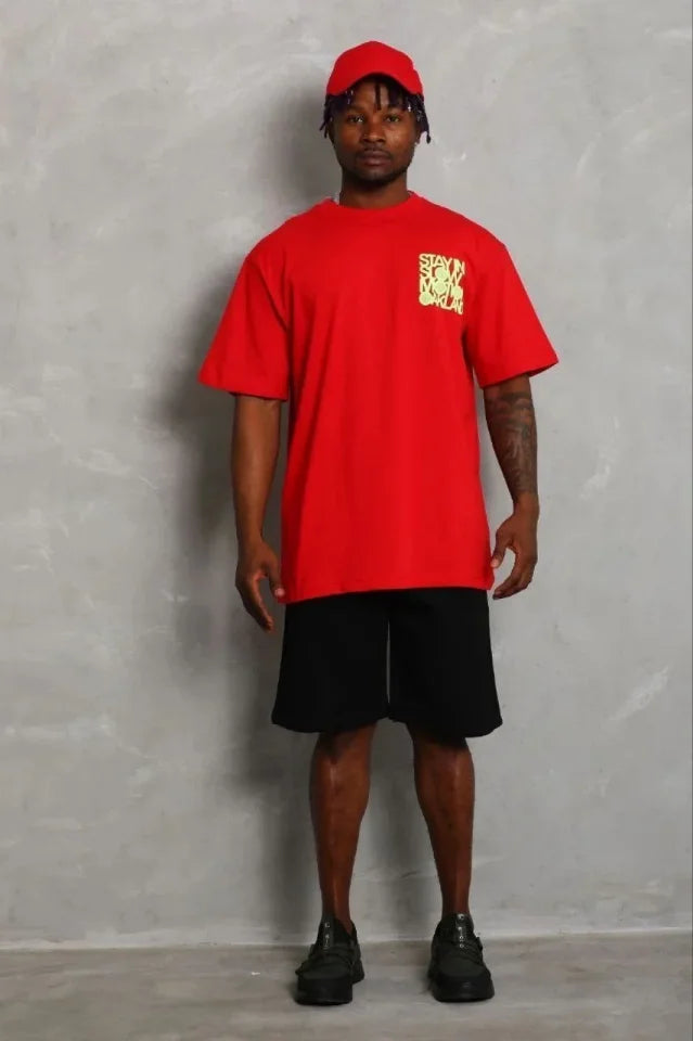 Erkek Baskılı T-Shirt Kısa Kol Bisiklet Yaka Regular Fit Rahat Kalıp Günlük Tişört - Kırmızı