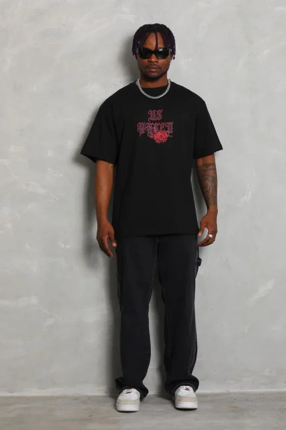 Men's Printed Short Sleeve Crew Neck Oversize T-Shirt - Black
