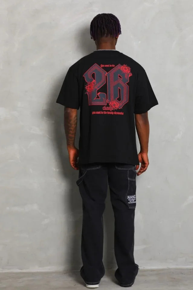 Men's Printed Short Sleeve Crew Neck Oversize T-Shirt - Black