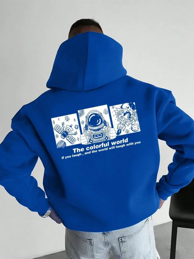 Men's Hooded Oversize Three-Ply Cotton Astronaut Themed Colorful Earth Print - Sapphire Blue