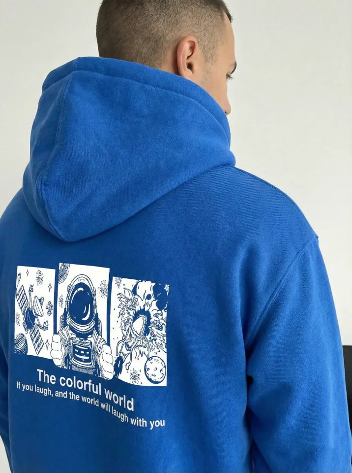 Men's Hooded Oversize Three-Ply Cotton Astronaut Themed Colorful Earth Print - Sapphire Blue