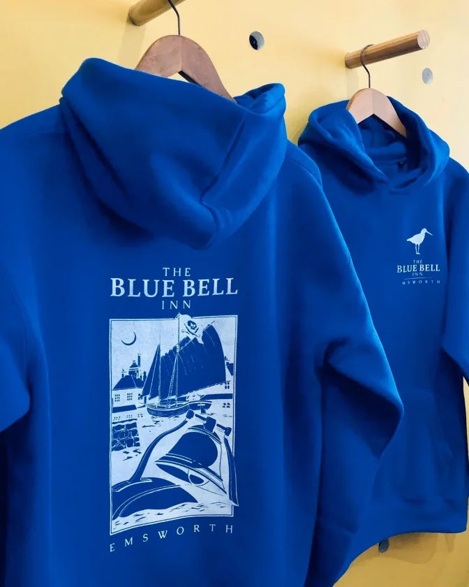 Men's Hooded Double Oversize Three-Ply Cotton Sea Sailing Printed Kangaroo - Sapphire Blue