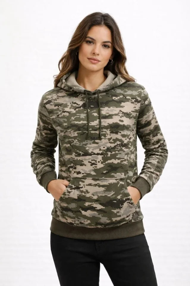 Kamuflaj Desenli 2 İplik 4 Mevsim Kapüşonlu Kanguru Cepli Hoodie Sweatshirt - Kamuflaj