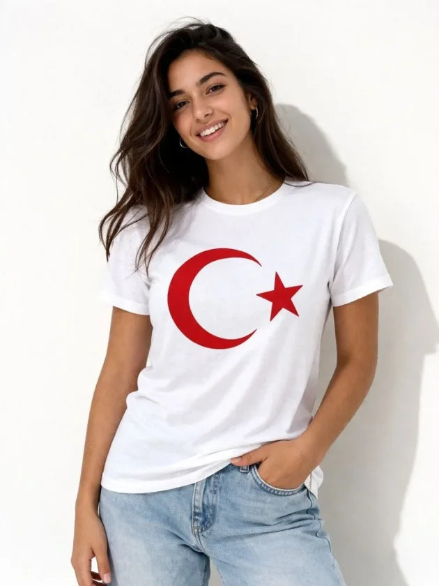 T-Shirt Short Sleeve Crew Neck Moon Star Flag Printed T-Shirt - White