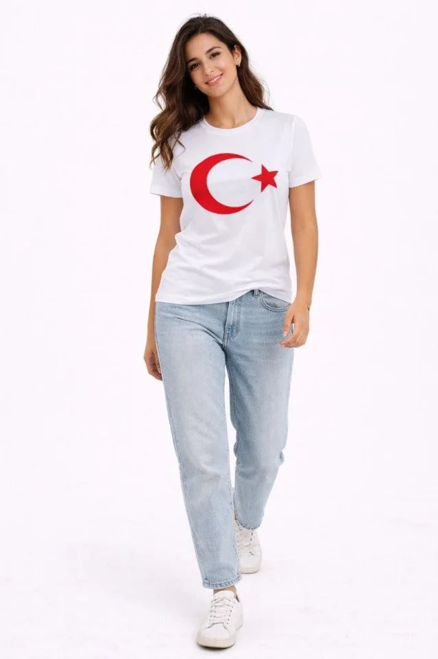 T-Shirt Short Sleeve Crew Neck Moon Star Flag Printed T-Shirt - White