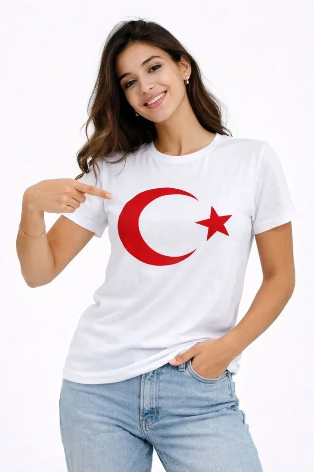 T-Shirt Short Sleeve Crew Neck Moon Star Flag Printed T-Shirt - White