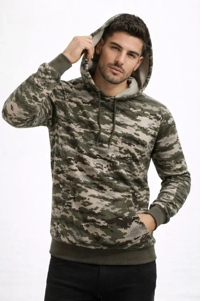 Erkek Kamuflaj Desenli 2 İplik 4 Mevsim Kapüşonlu Kanguru Cepli Hoodie Sweatshirt - Kamuflaj
