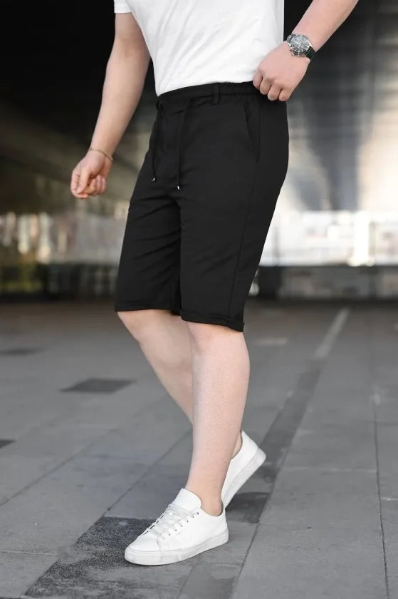 Men's Diagonal Fabric Double Cuff Pocket Drawstring Elastic Waist Shorts - Black