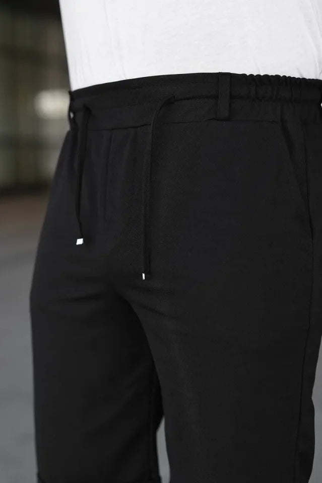 Men's Diagonal Fabric Double Cuff Pocket Drawstring Elastic Waist Shorts - Black