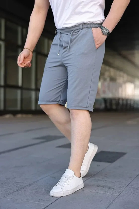Men's Diagonal Fabric Double Cuff Pocket Drawstring Elastic Waist Shorts - Gray