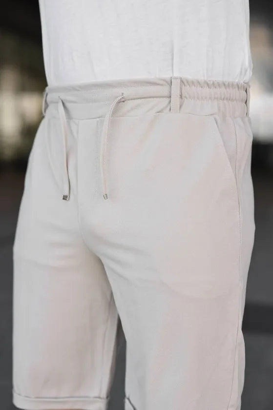 Men's Diagonal Fabric Double Cuff Pocket Drawstring Elastic Waist Shorts - Cream