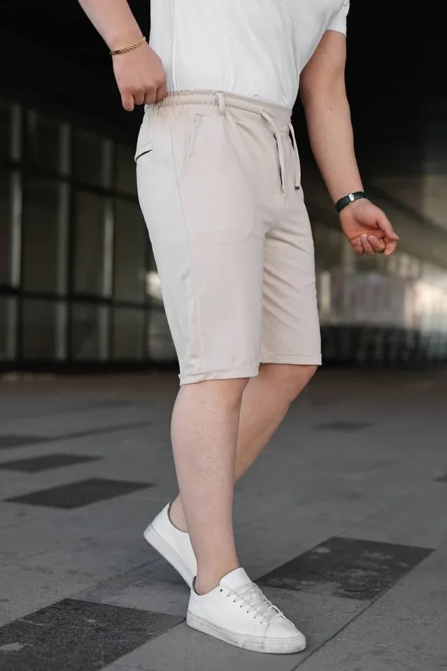 Men's Diagonal Fabric Double Cuff Pocket Drawstring Elastic Waist Shorts - Cream