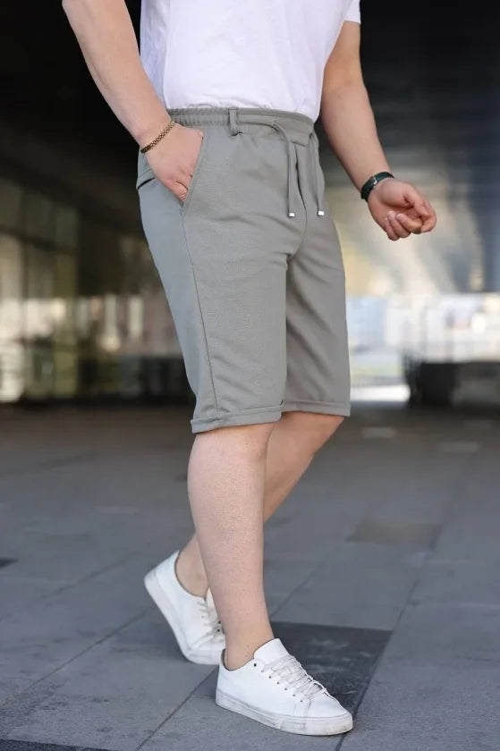 Men's Diagonal Fabric Double Cuff Pocket Drawstring Elastic Waist Shorts - Mint Green