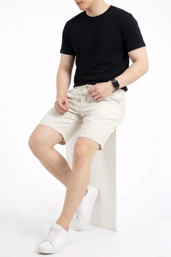Men's Linen Fabric Pocket Relaxed Fit Elastic Waist Shorts - White