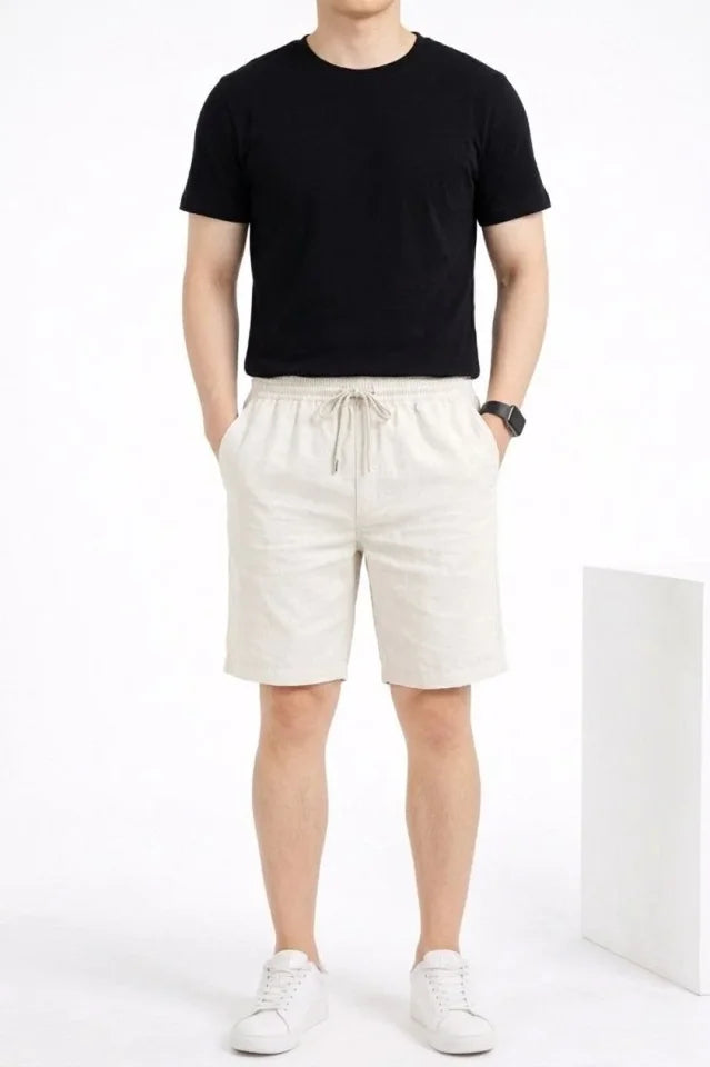 Men's Linen Fabric Pocket Relaxed Fit Elastic Waist Shorts - White