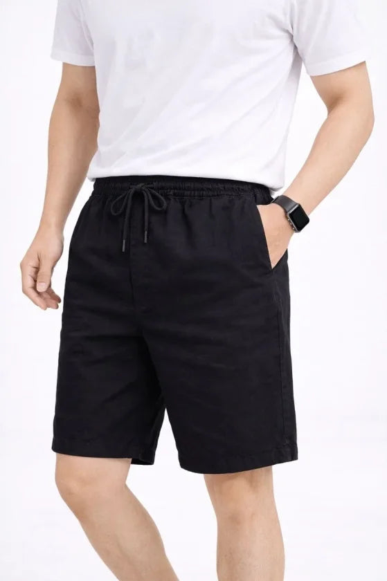 Men's Linen Fabric Pocket Relaxed Fit Elastic Waist Shorts - Black
