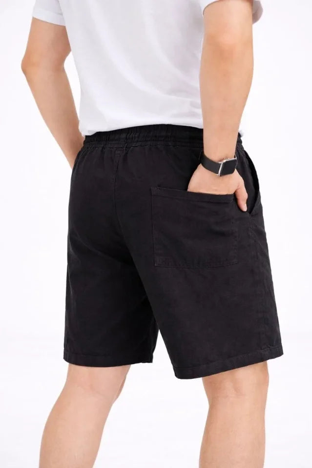 Men's Linen Fabric Pocket Relaxed Fit Elastic Waist Shorts - Black
