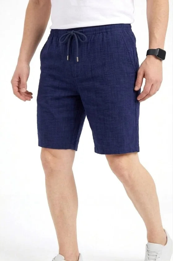 Men's Linen Fabric Pocket Relaxed Fit Elastic Waist Shorts - Navy Blue