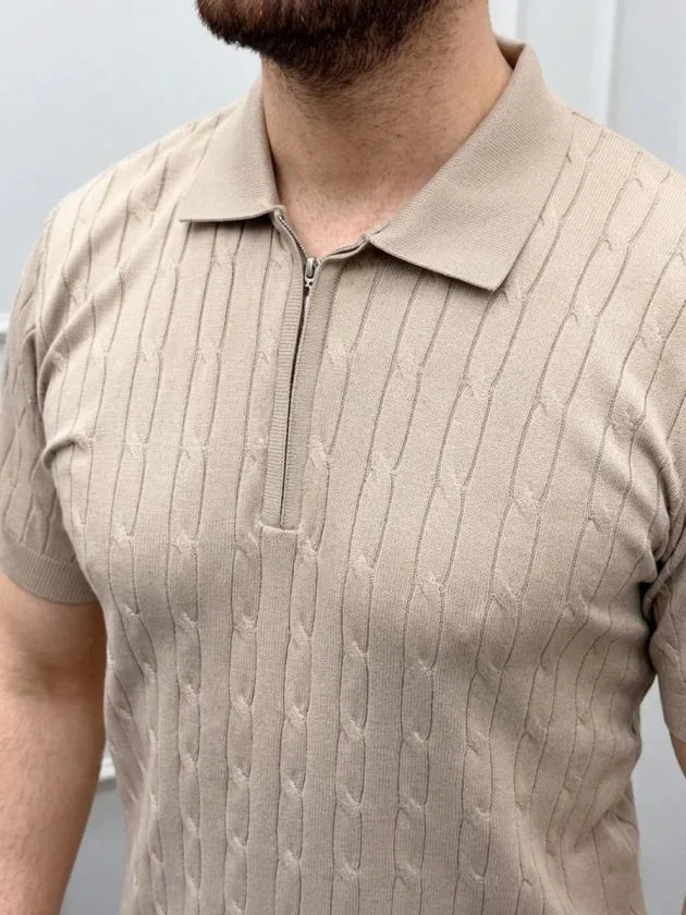 Men's Summer Knit Cable Knit T-Shirt Short Sleeve Polo Collar Zippered T-Shirt - Beige