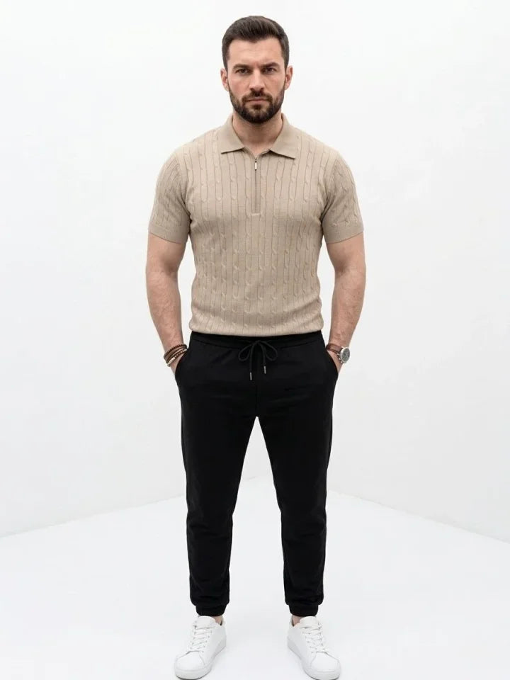Men's Summer Knit Cable Knit T-Shirt Short Sleeve Polo Collar Zippered T-Shirt - Beige