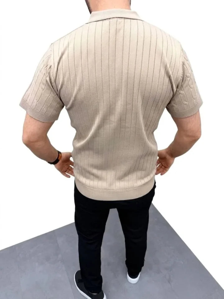 Erkek Yazlık Triko Saç Örgü Tişört Kısa Kol Polo Yaka Fermuarlı T-Shirt - Bej