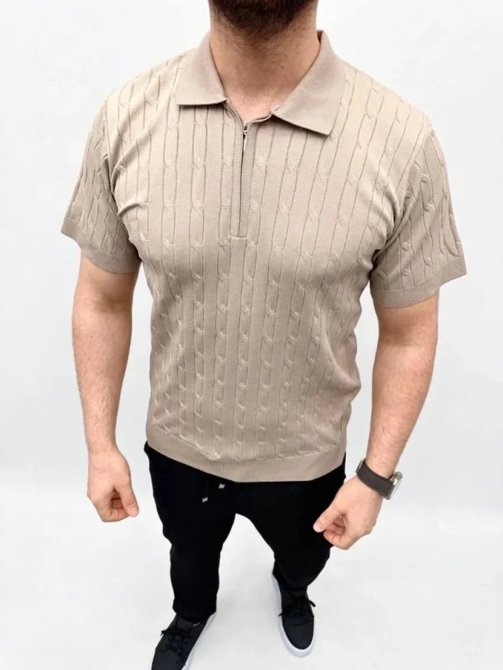 Erkek Yazlık Triko Saç Örgü Tişört Kısa Kol Polo Yaka Fermuarlı T-Shirt - Bej