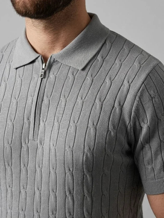 Men's Summer Knit Cable Knit T-Shirt Short Sleeve Polo Collar Zippered T-Shirt - Gray