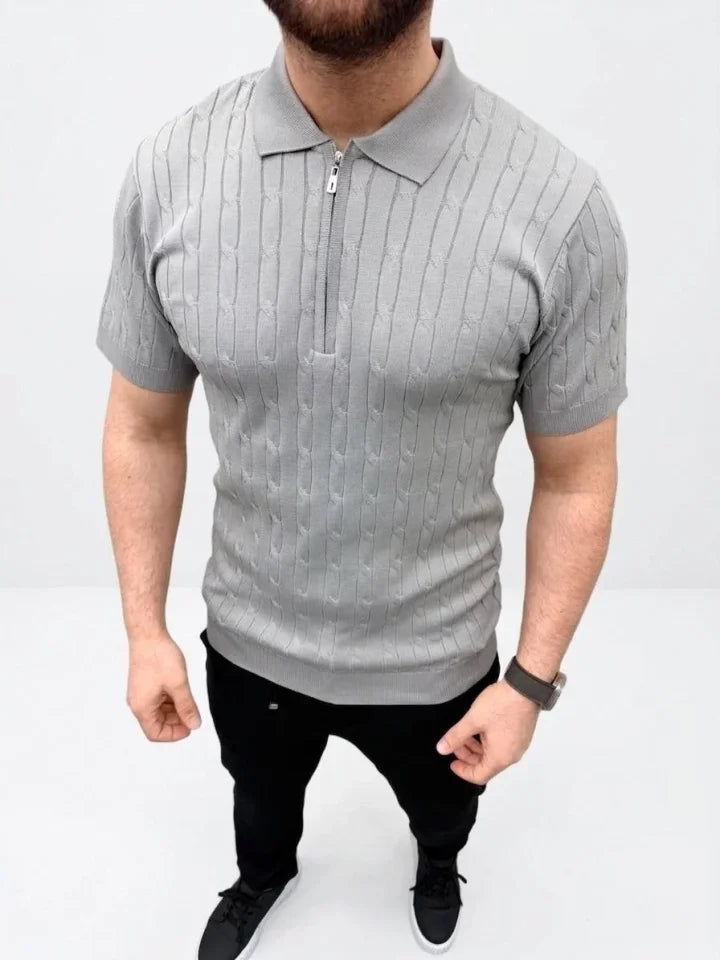 Men's Summer Knit Cable Knit T-Shirt Short Sleeve Polo Collar Zippered T-Shirt - Gray