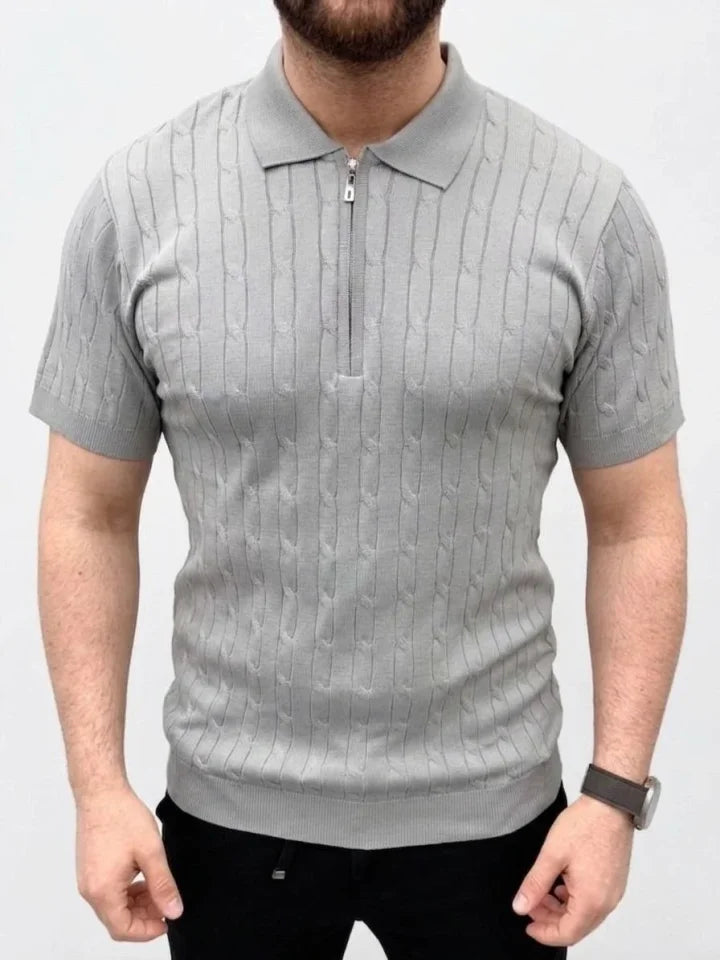 Erkek Yazlık Triko Saç Örgü Tişört Kısa Kol Polo Yaka Fermuarlı T-Shirt - Gri