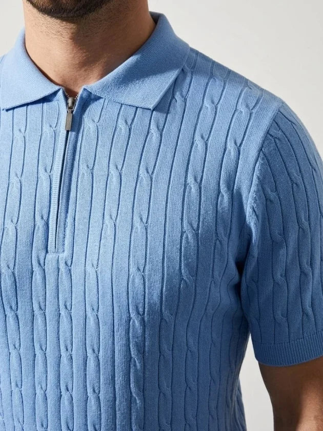 Men's Summer Knit Cable Knit T-Shirt Short Sleeve Polo Collar Zippered T-Shirt - Baby Blue